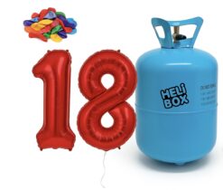 Set 18 ani aniversare majorat include butelie heliu, 50 de baloane panglica si cifre